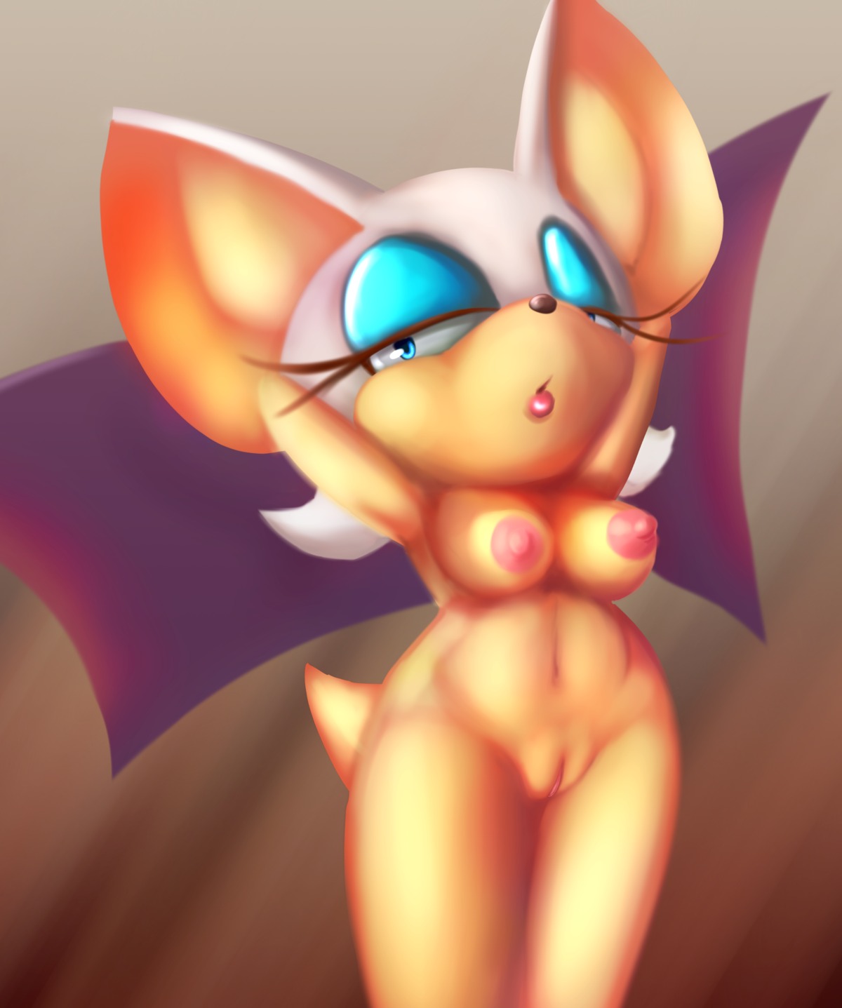 2014 absurd_res anthro bat big_ears biped blue_eyes breasts brown_background e621 eyelashes female genitals half-closed_eyes hi_res ken17 mammal membrane_(anatomy) membranous_wings narrowed_eyes nipples nude rouge_the_bat sega simple_background solo sonic_the_hedgehog_(series) standing vulva wings
