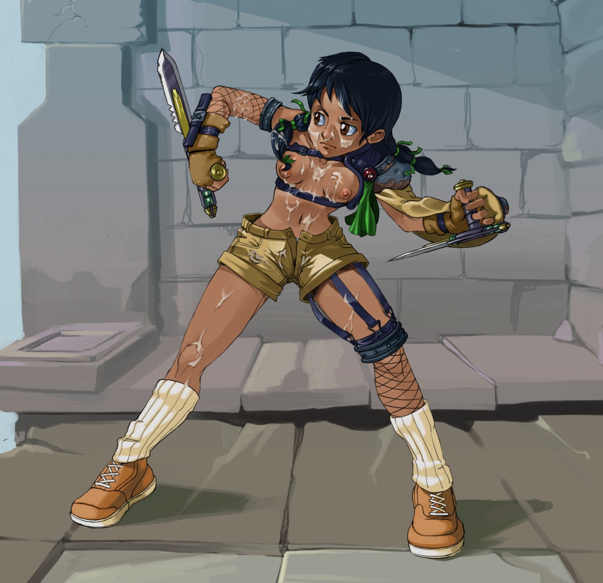 armor black_hair braid breastless_clothing breasts brown_eyes bukkake cosplay crossover cum cum_on_body cum_on_breasts cum_on_clothes cum_on_lower_body cum_on_upper_body dagger dark-skinned_female dark_skin facial female female_only fighting_stance final_fantasy final_fantasy_vii fingerless_gloves fishnet_legwear fishnets gloves hair_ribbon highres human kevinsano midriff ribbon rule34 rust short_hair shorts solo soul_calibur talim_(soulcalibur) thighhighs tomboy topless turtleneck twin_braids unzipped weapon yuffie_kisaragi_(cosplay)