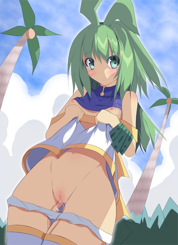blush censored female green_eyes green_hair marona navel nippon_ichi_software phantom_brave public pussy pussy_juice rule34
