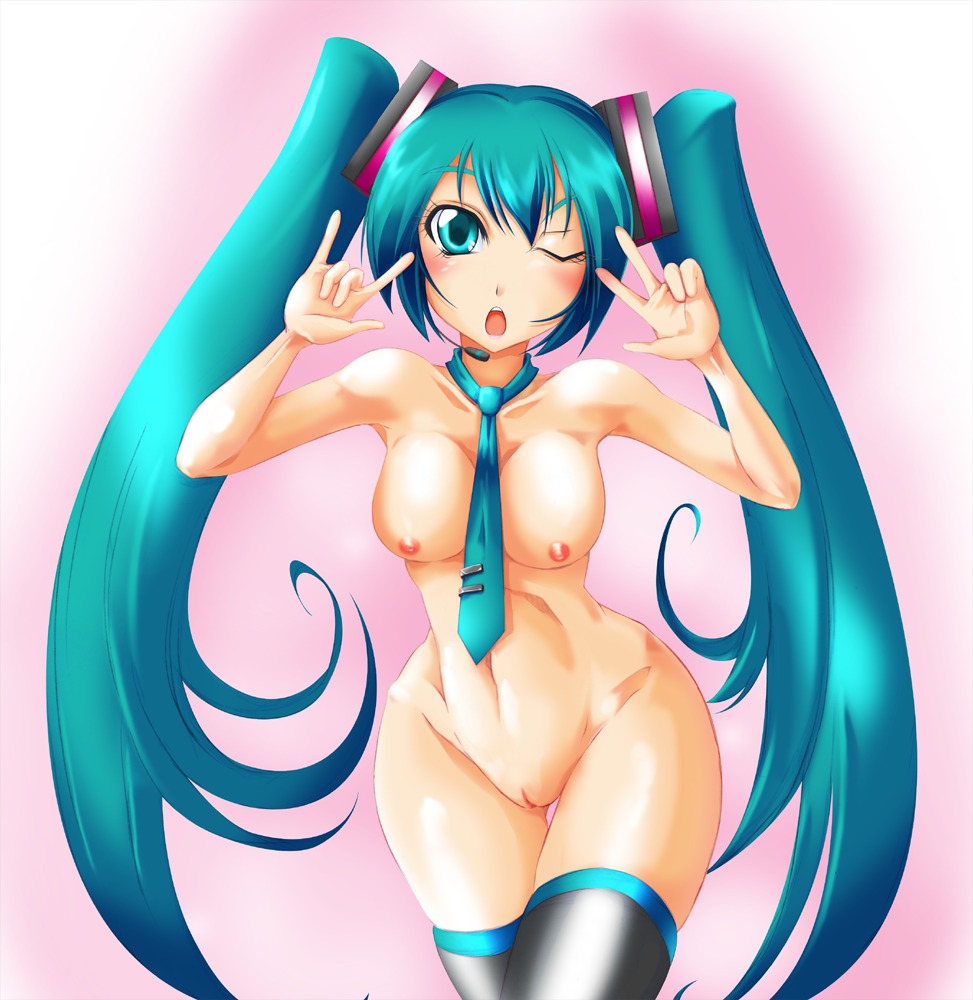 1girl aqua_eyes aqua_hair blush breasts female hatsune_miku headset long_hair medium_breasts necktie nipples nude one_eye_closed open_mouth pussy rule34 solo tagme thigh_gap thighhighs twintails very_long_hair vocaloid wide_hips