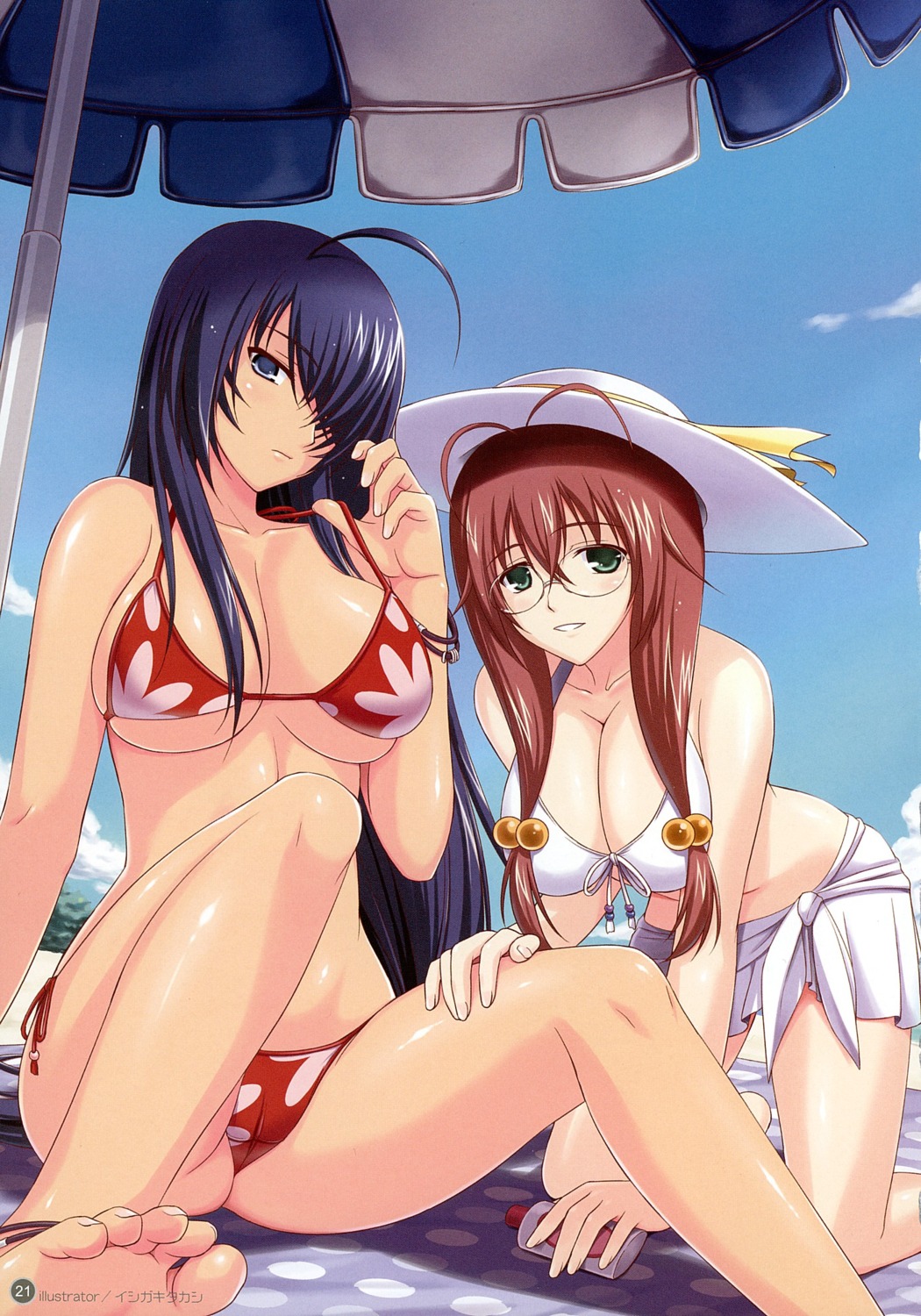 ahoge antenna_hair artbook barefoot bent_over bikini blue_eyes blue_hair bracelet breasts brown_hair cleavage fanbook feet female glasses green_eyes hair_bobbles hair_ornament hair_over_one_eye hat highres ikkitousen ishigaki_takashi jewelry kanu_unchou large_breasts long_hair lotion low-tied_long_hair mizugi multiple_females multiple_girls official_fanbook rule34 ryuubi_gentoku sarong scan sitting spread_legs swimsuit toes toranoana umbrella underboob very_long_hair