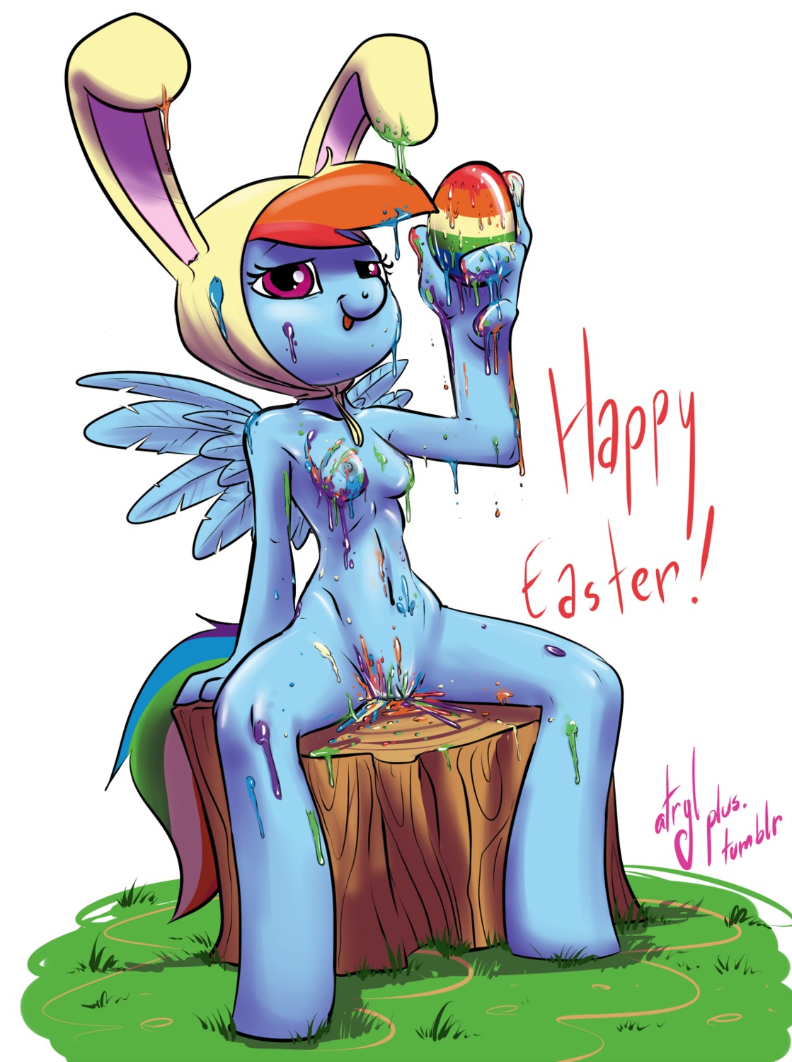 2012 anthro anthrofied atryl blue_body blue_feathers blue_fur bodily_fluids breasts digital_media_(artwork) e621 easter easter_egg english_text equid equine fake_ears fake_rabbit_ears feathered_wings feathers female friendship_is_magic fur genital_fluids genitals hair hasbro hi_res holidays mammal multicolored_hair my_little_pony mythological_creature mythological_equine mythology nipples pegasus purple_eyes rainbow_dash_(mlp) rainbow_hair solo tail text vaginal_fluids vulva wing_boner wings