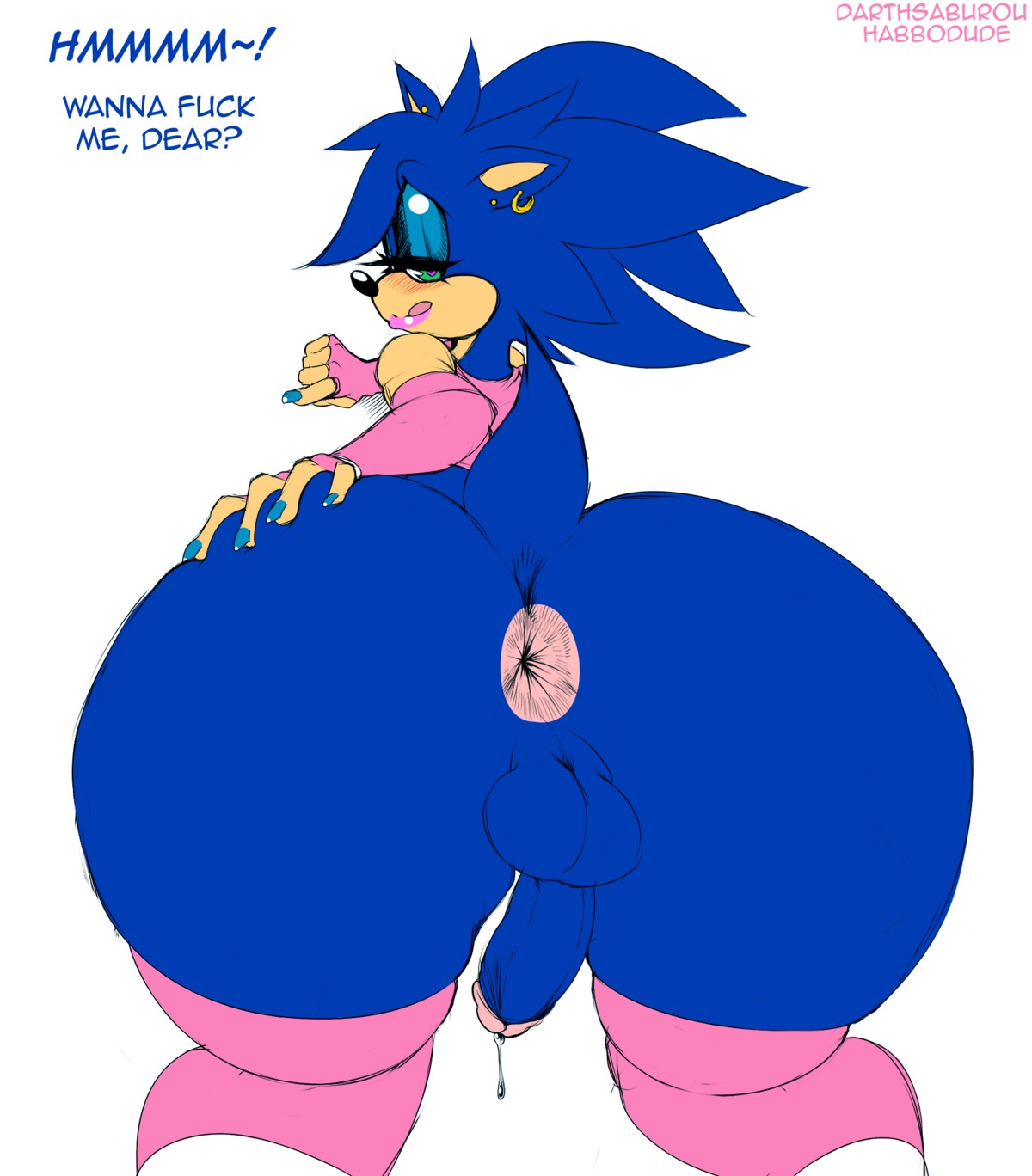 2013 anthro anus backsack balls biped blue_body blue_fur blue_hair blush bodily_fluids bottomless butt butt_focus clothed clothing crossdressing darth_saburou e621 ear_piercing english_text erection eulipotyphlan femboy fur genital_fluids genitals green_eyes habbodude hair hedgehog hi_res inviting looking_at_viewer looking_back looking_back_at_viewer male mammal penis piercing precum presenting presenting_hindquarters profanity rear_view seductive sega skimpy smile solo sonic_the_hedgehog sonic_the_hedgehog_(series) text