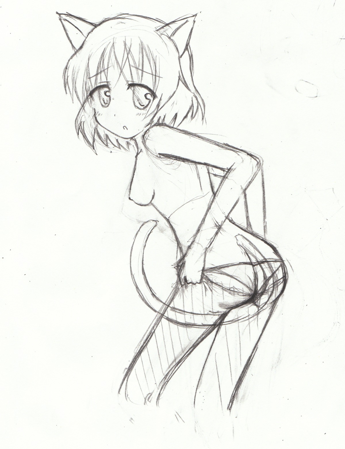 1girls bangs blush breasts cat_ears cat_tail female mouth_open no_bra panties pencil_(artwork) removing_panties rule34 sanya_v._litvyak short_hair sketch small_breasts smaller_female solo strike_witches traditional_media_(artwork) undressing world_witches_series