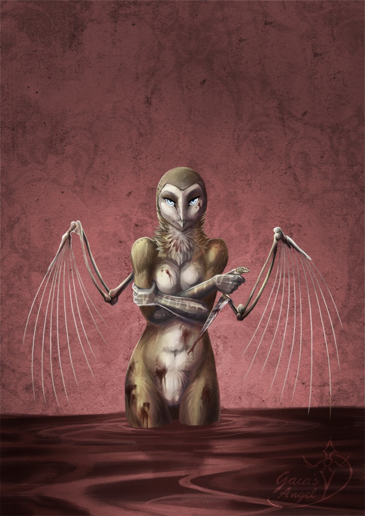anthro avian barn_owl bird blood blue_eyes bodily_fluids bone breasts dagger e621 female genitals melee_weapon non-mammal_breasts nude owl pechschwinge solo tyto tytonid vulva weapon