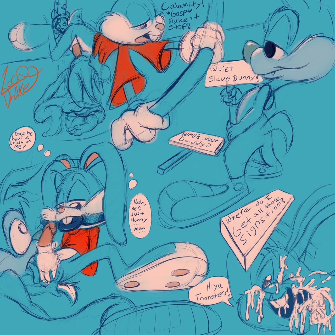 1:1 anthro big_eyes big_head bodily_fluids buster_bunny calamity_coyote canid canine canis colored_sketch coyote cum duo e621 fellatio genital_fluids genitals hi_res lagomorph leporid male mammal multiple_scenes oral partially_colored penetration penile penis rabbit sex sketch solo tail tiny_toon_adventures toony warner_brothers