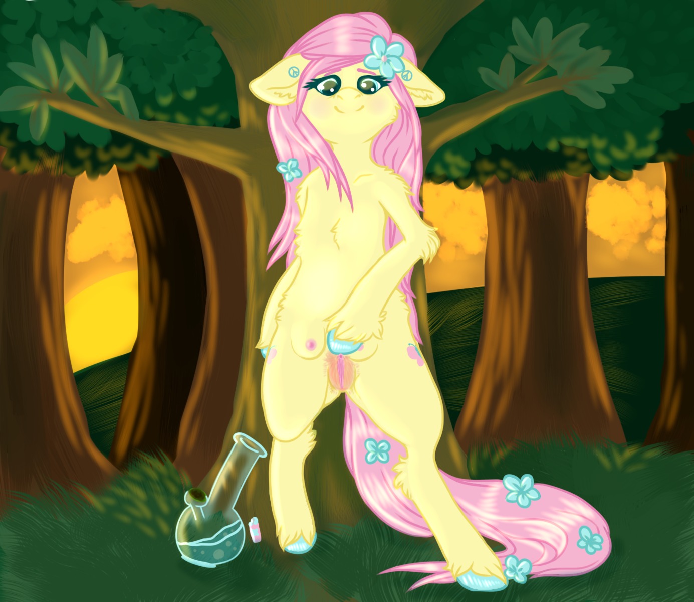 2013 anthro anthrofied blush bong coppahhead cutie_mark digital_media_(artwork) drugs e621 equid equine feathered_wings feathers female fluttershy_(mlp) friendship_is_magic fur genitals green_eyes hair hasbro hi_res mammal my_little_pony mythological_creature mythological_equine mythology outside pegasus pink_hair plant shaded solo tail tree vulva wings yellow_body yellow_feathers yellow_fur
