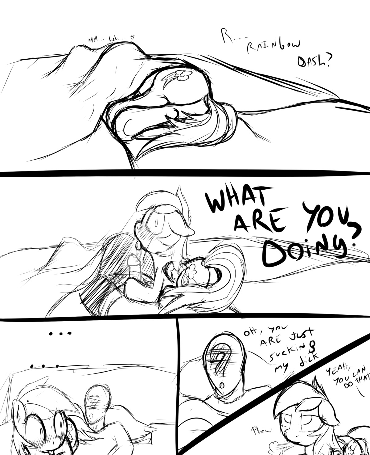 2013 absurd_res anonymous bed bestiality black_and_white blush bodily_fluids butt comic cum cutie_mark dialogue duo e621 english_text equid equine erection feathered_wings feathers fellatio female female_on_human feral friendship_is_magic furniture genital_fluids genitals hair hasbro hi_res human human_on_feral humanoid_genitalia humanoid_penis interspecies male male_on_feral mammal monochrome mostazathy my_little_pony mythological_creature mythological_equine mythology oral pegasus penile penis rainbow_dash_(mlp) saliva sex text tongue wings
