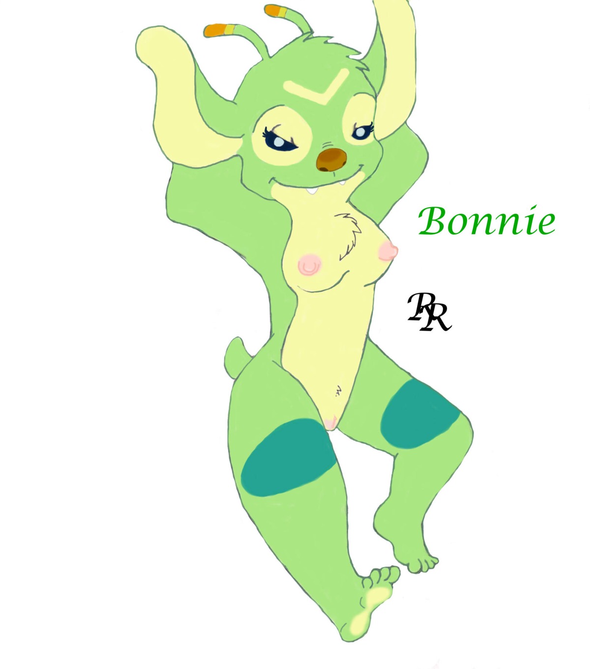 1girls antennae_(anatomy) anthro arms_behind_head bonnie_(lilo_and_stitch) breasts chest_fluff chest_fur disney female female_only fur furry green_fur lilo_and_stitch mouth_closed nipples nude pussy rascalraccoon rule34 solo solo_female tagme