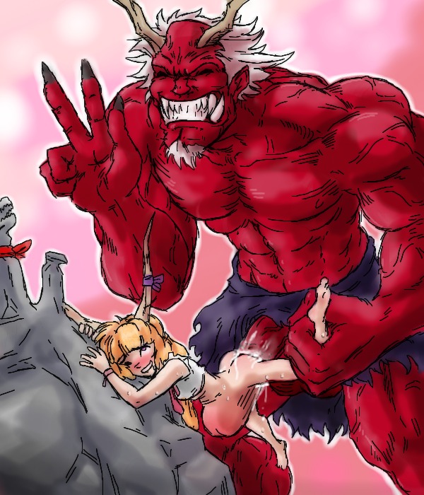 1boy 1girls bottomless feet female full_body male rule34 sex sparrow_(artist) stomach_bulge suika_ibuki tagme touhou v