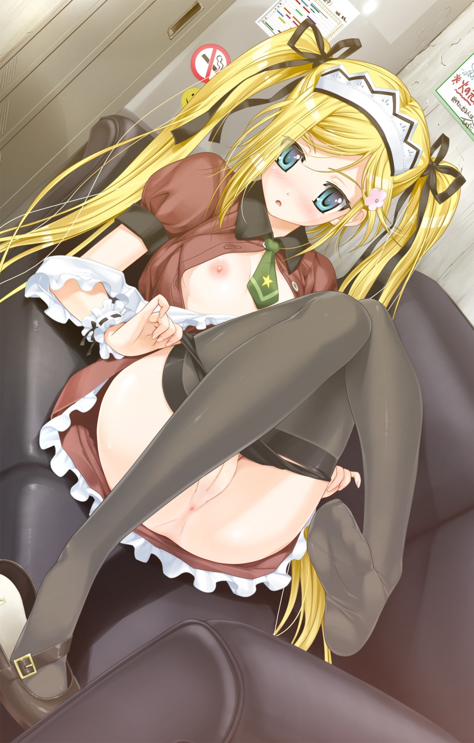 1girls anus areolae blonde_hair blush breasts couch decensored feet female female_only flat_chest flower game_cg hair_ornament hair_ribbon hairclip happoubi_jin high_res highres indoors kanojo_x_kanojo_x_kanojo legs long_hair maid_headdress mary_janes necktie nipples open_clothes open_mouth open_shirt orifushi_mafuyu panties panty_pull pussy ribbon rule34 shirt shoe_dangle shoes single_shoe small_breasts solo thighhighs tied_hair twintails uncensored underwear undressing very_long_hair
