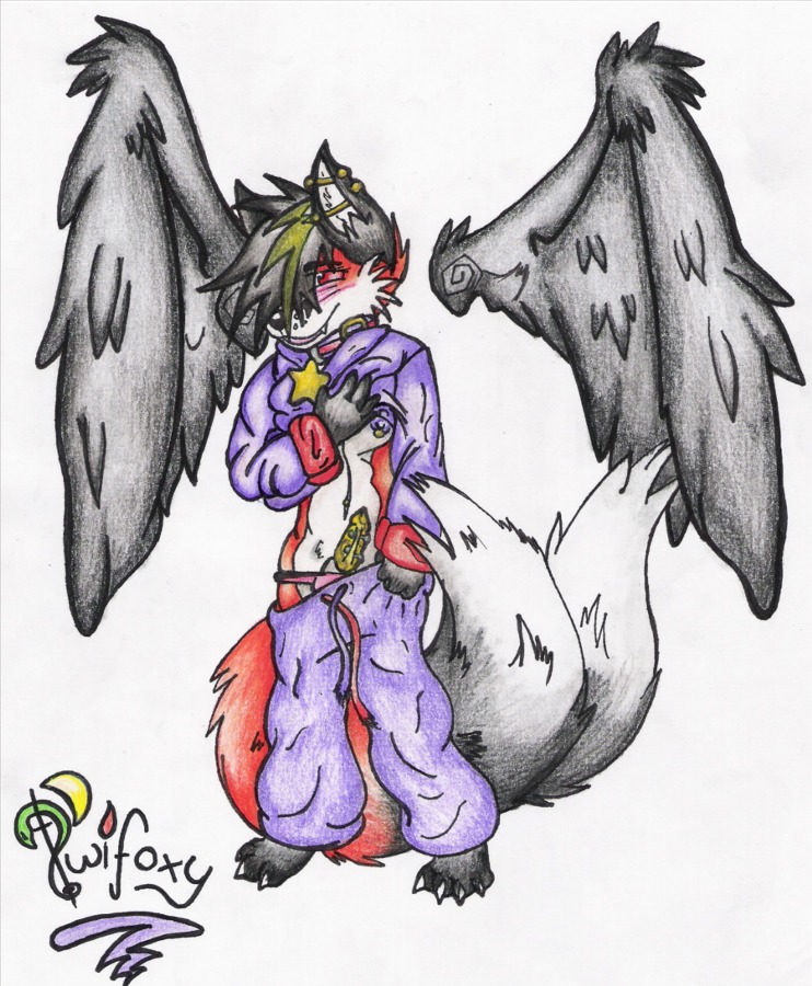 anthro canid canine clothing collar colored_pencil_(artwork) dipstick_tail e621 erection feathered_wings feathers fox full-length_portrait genitals male mammal markings nipple_piercing nipples pajamas penis piercing portrait simple_background solo star tail tail_markings traditional_media_(artwork) twi twifoxy underwear white_background wings