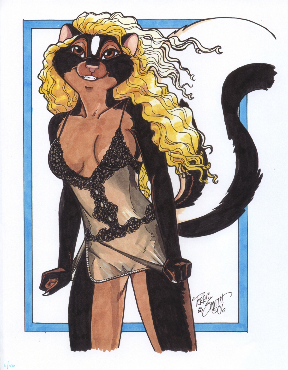 2006 absurd_res anthro blonde_hair breasts brown_eyes clothing e621 female genitals hair hi_res mammal mephitid signature skunk solo tail terrie_smith traditional_media_(artwork) undressing vulva