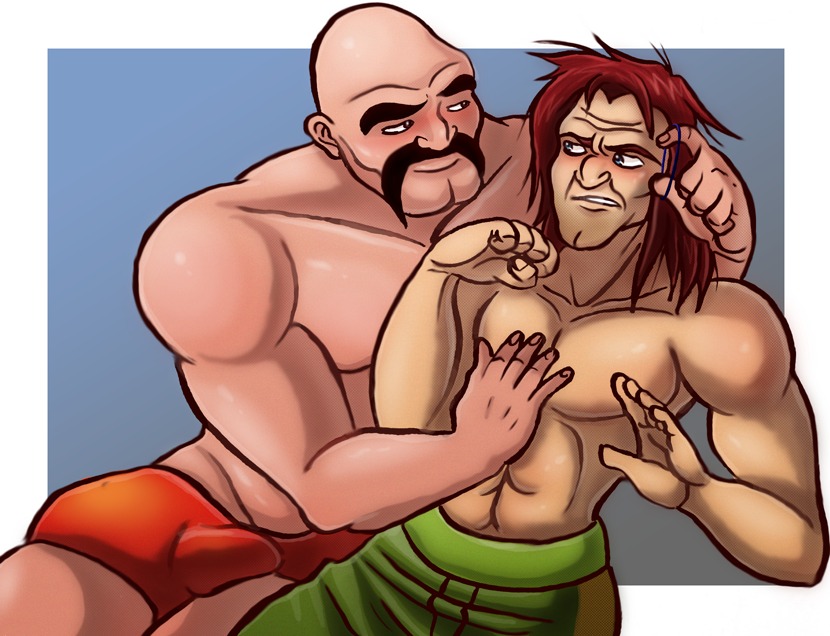 2boys aran_ryan bald_male bara blush bulge elfychuu erection gay male male_only messy_hair muscular muscular_male nintendo punch-out!! red_hair rule34 shorts soda_popinski speedo super_punch-out!!