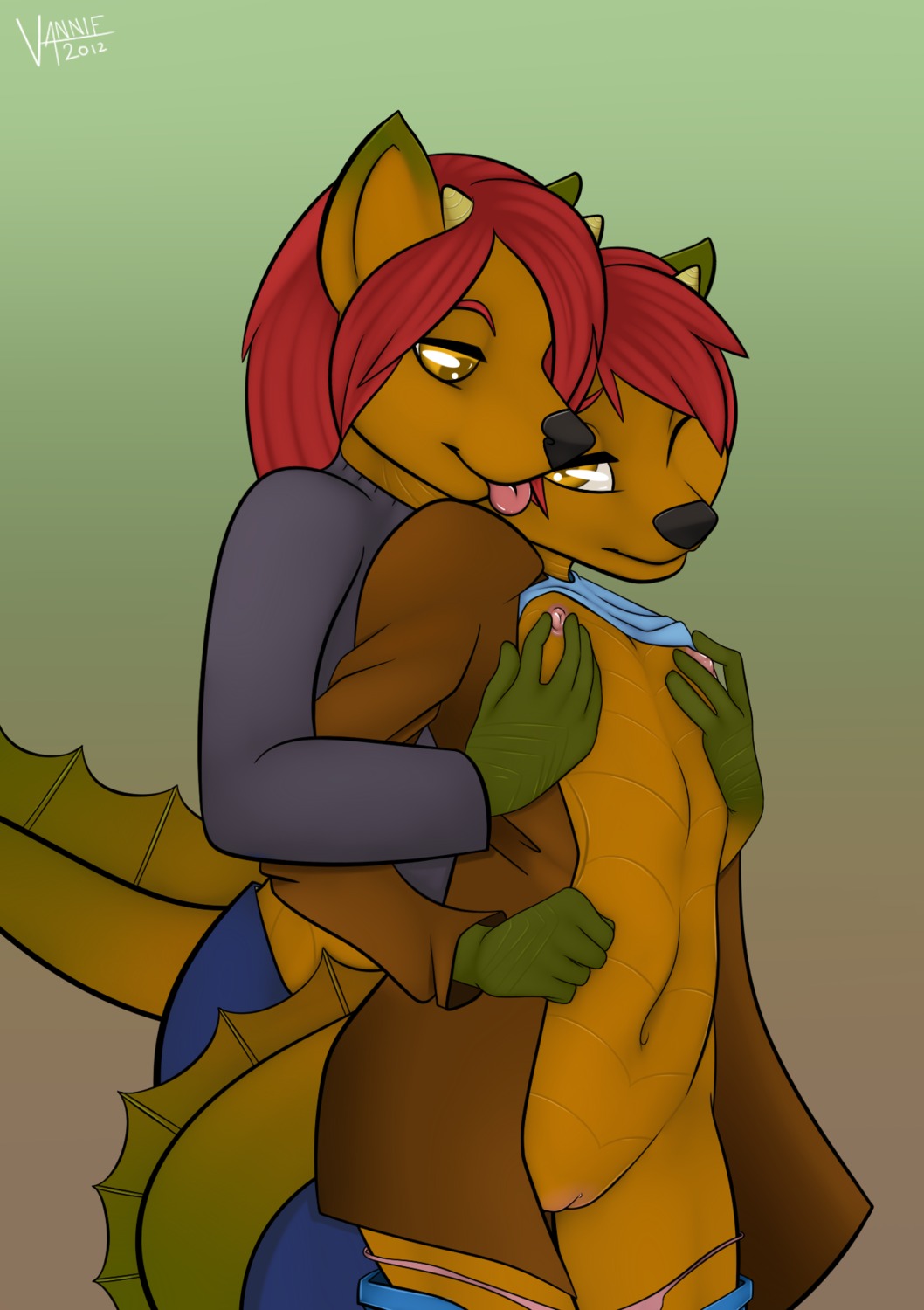 anthro breast_fondling breast_play breasts brown_background canid canine chimangetsu clothed clothing dragon duo e621 female female/female fondling fox fur furred_dragon furred_scalie genitals gradient_background green_background hand_on_breast hi_res horn hybrid incest_(lore) mammal mythological_creature mythological_scalie mythology scalie sibling_(lore) simple_background sister_(lore) sisters_(lore) skimpy small_breasts tail tatsuka tatsuki_(chimangetsu) twins_(lore) undressing vannie vulva young young_anthro