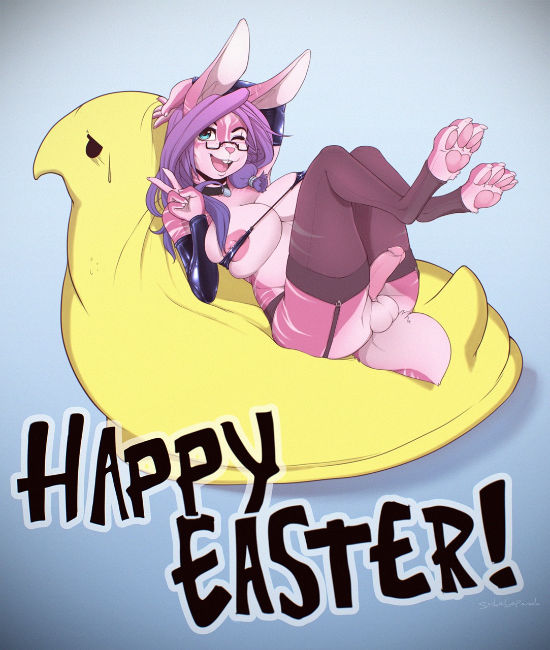 anthro areola areola_slip balls big_breasts breasts e621 easter erection genitals gynomorph hi_res holidays intersex lagomorph leporid mammal marshmallow_peeps nipple_slip nipples paws penis rabbit solo sukebepanda