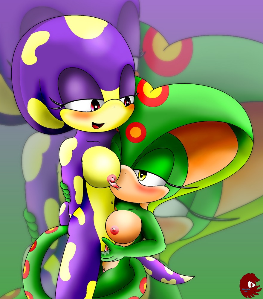 anthro anthro_on_anthro bigdon1992 bodily_fluids breast_lick breast_play breasts duo e621 fan_character female female/female fingering genital_fluids genitals glira_the_salamander licking mystic_the_cobra navel nipple_fetish nipple_lick nipple_play nipples non-mammal_breasts non-mammal_nipples reptile scalie sega snake snake_hood sonic_the_hedgehog_(series) tongue tongue_out vaginal_fluids vulva
