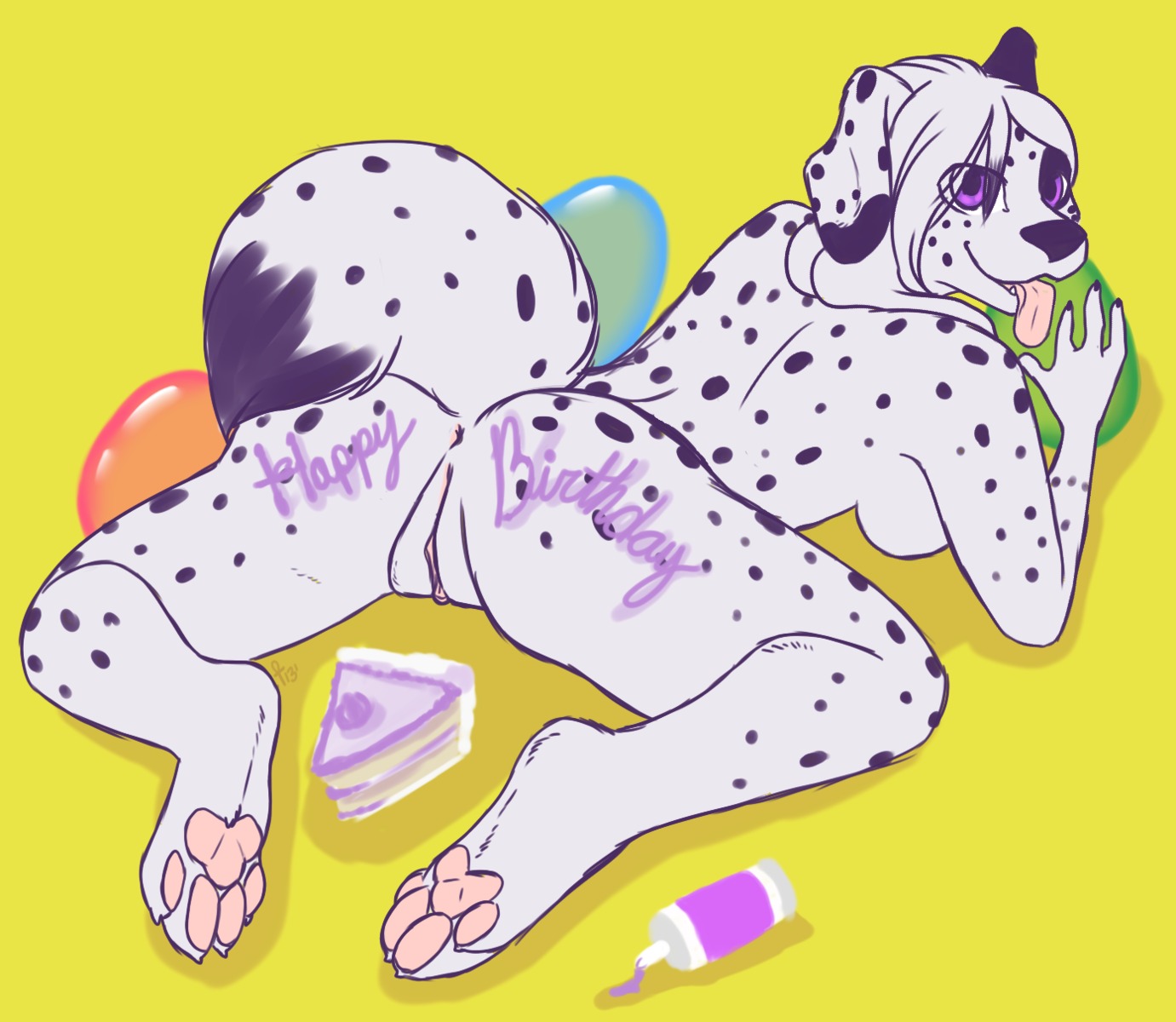 anthro anus biped breasts cake canid canine canis dalmatian dessert domestic_dog e621 female food genitals hair hi_res iko looking_at_viewer looking_back mammal nude pastry pie pinup pose purple_eyes quadruped side_boob smile solo tail tongue tongue_out vulva