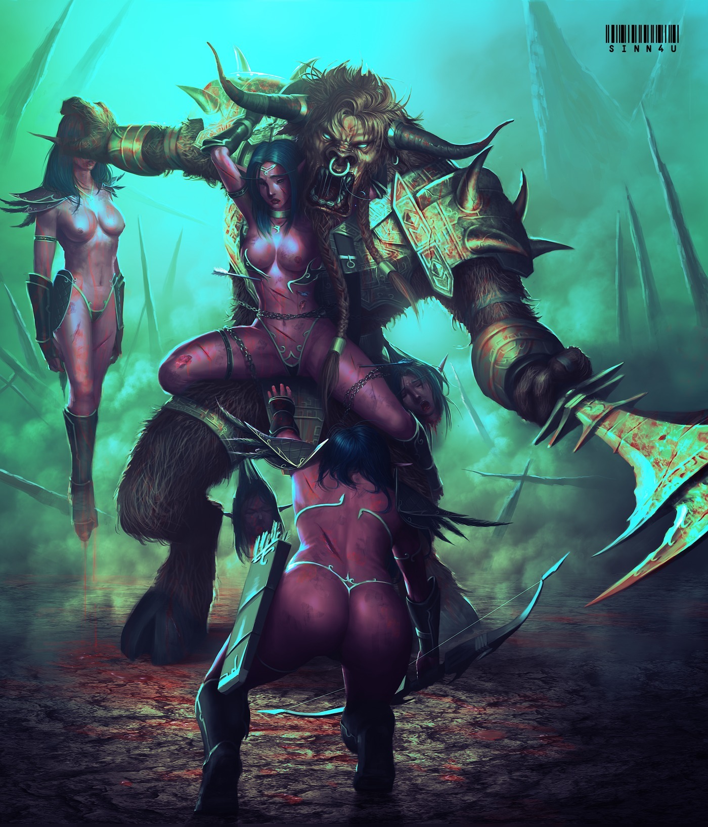 2013 angry anthro armor arrow_(weapon) big_butt black_hair blizzard_entertainment blood bodily_fluids boots bovid bovine bow_(weapon) breasts brown_body brown_fur butt chain clothed clothing detailed detailed_background dirty e621 elf empty_eyes facial_piercing female fight fog footwear fur gore group hair hi_res holding_melee_weapon holding_object holding_sword holding_weapon hooves horn horn_jewelry horn_ring humanoid humanoid_pointy_ears jewelry looking_at_viewer male mammal melee_weapon night_elf nose_piercing nose_ring open_mouth piercing pointy_ears purple_body purple_skin quiver_(object) ranged_weapon rawr ring_(jewelry) ring_piercing sad saliva scar septum_piercing shoes sinn4u size_difference spikes spread_legs spreading standing suspension sword tauren teeth topless warcraft weapon wounded