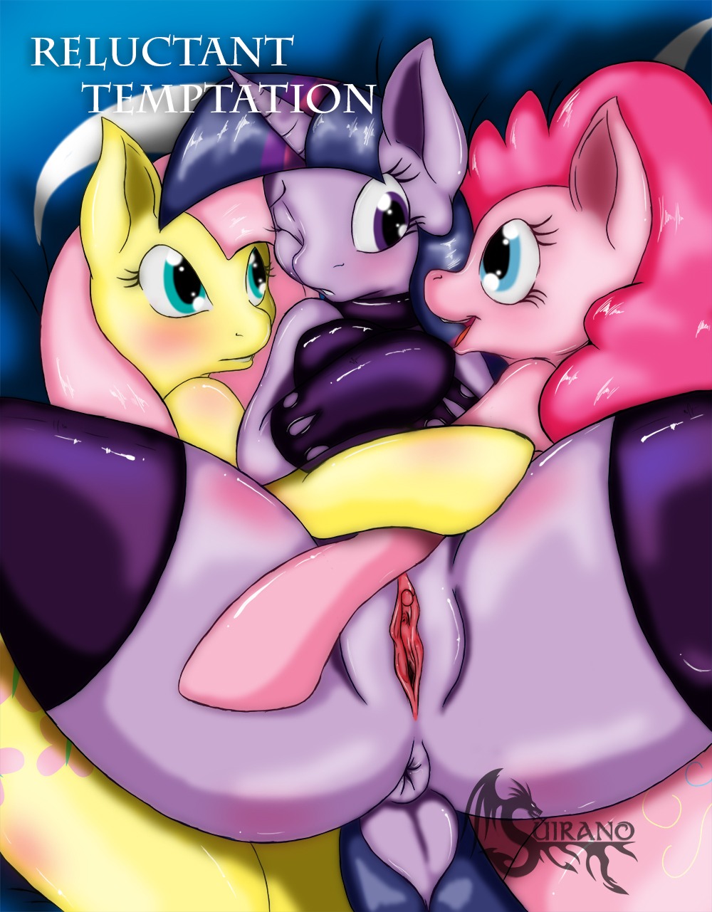 2014 anthro anthrofied anus blue_eyes blush clothing comic conditional_dnp cover cover_art cover_page digital_media_(artwork) dock_(anatomy) e621 earth_pony english_text equid equine eye_contact female female/female fluttershy_(mlp) friendship_is_magic fur genitals gloves group hair handwear hasbro hi_res horn horse latex legwear looking_at_another mammal multicolored_hair my_little_pony mythological_creature mythological_equine mythology one_eye_closed open_mouth pink_body pink_fur pink_hair pinkie_pie_(mlp) pony purple_body purple_eyes purple_fur purple_hair spread_legs spreading suirano tail text thigh_highs twilight_sparkle_(mlp) two_tone_hair unicorn vulva watermark yellow_body yellow_fur