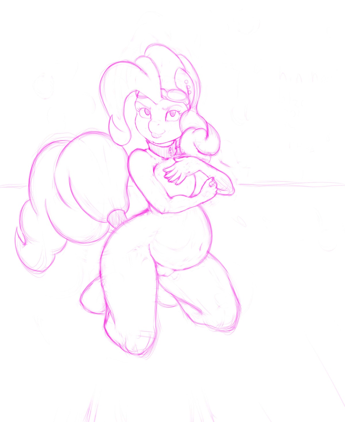 2013 anthro anthrofied belly big_belly biped breasts collar e621 ear_piercing earth_pony equid equine exwolf85 eyewear female friendship_is_magic genitals goggles hair hasbro hi_res horse kneeling looking_at_viewer mammal monochrome my_little_pony piercing pink_and_white pinkie_pie_(mlp) pony pregnant simple_background sketch solo tail tail_wraps vulva white_background wraps