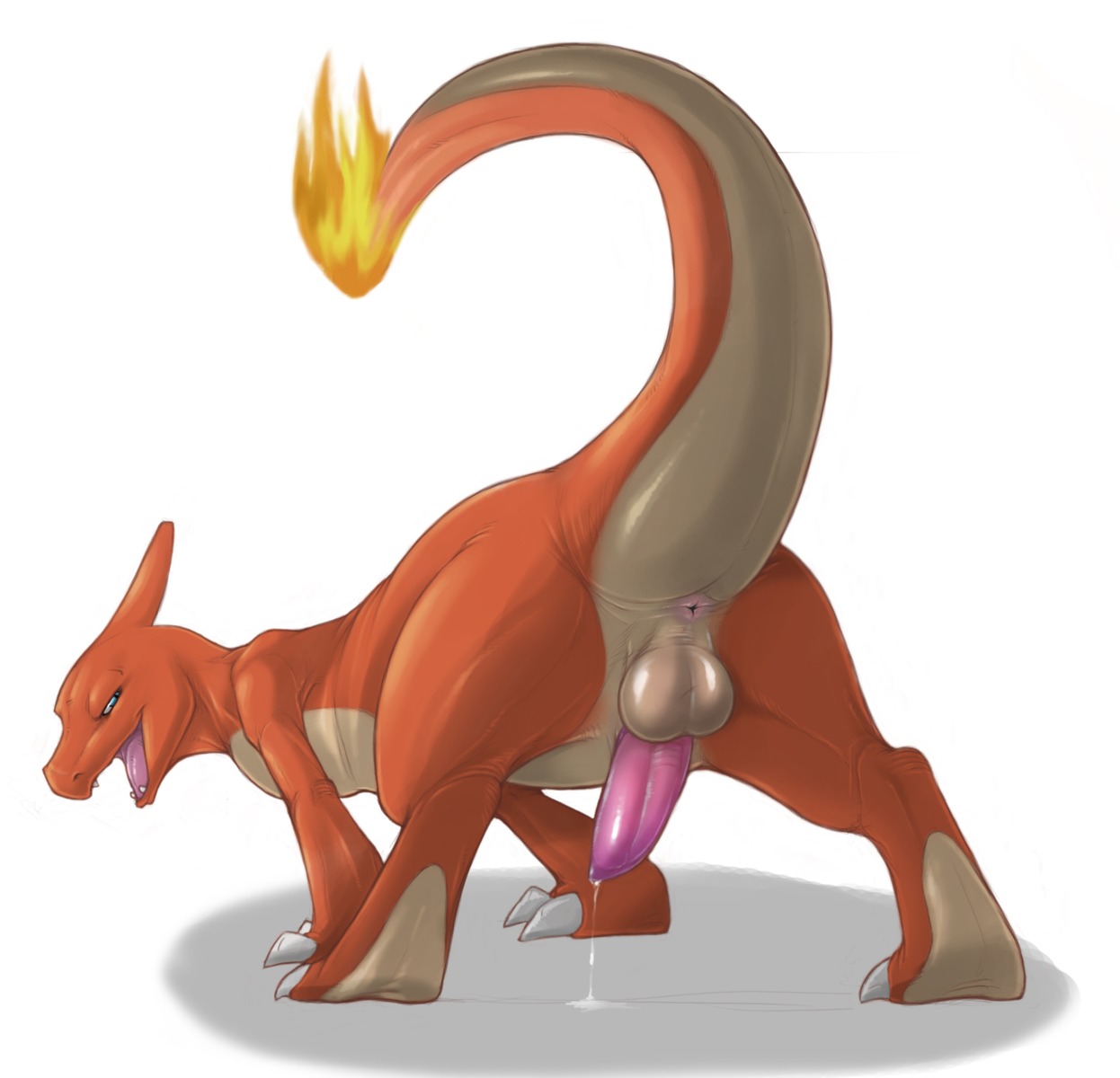 2009 all_fours anus backsack balls blue_eyes bodily_fluids butt charmeleon e621 erection feral fire flaming_tail generation_1_pokemon genital_fluids genitals hi_res looking_at_viewer male narse nintendo nude orange_body orange_skin penis pokemon pokemon_(species) precum presenting raised_tail scalie simple_background solo tail tail_anus tailbutt tapering_penis thick_tail tongue white_background