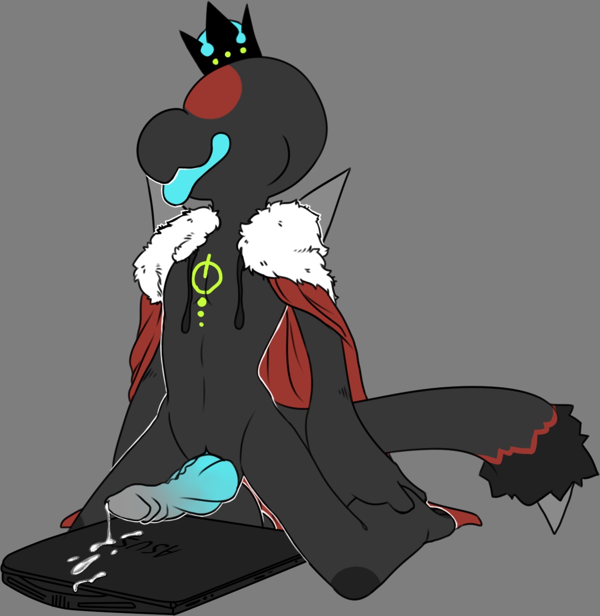 alpha_channel basillicus black_body black_skin bodily_fluids cape clothed clothing computer crown cum e621 electronics erection eyeless fur genital_fluids genitals headgear hi_res king_leopold laptop male open_clothing open_robe penis robe simple_background solo spikes tongue tongue_out transparent_background unknown_species