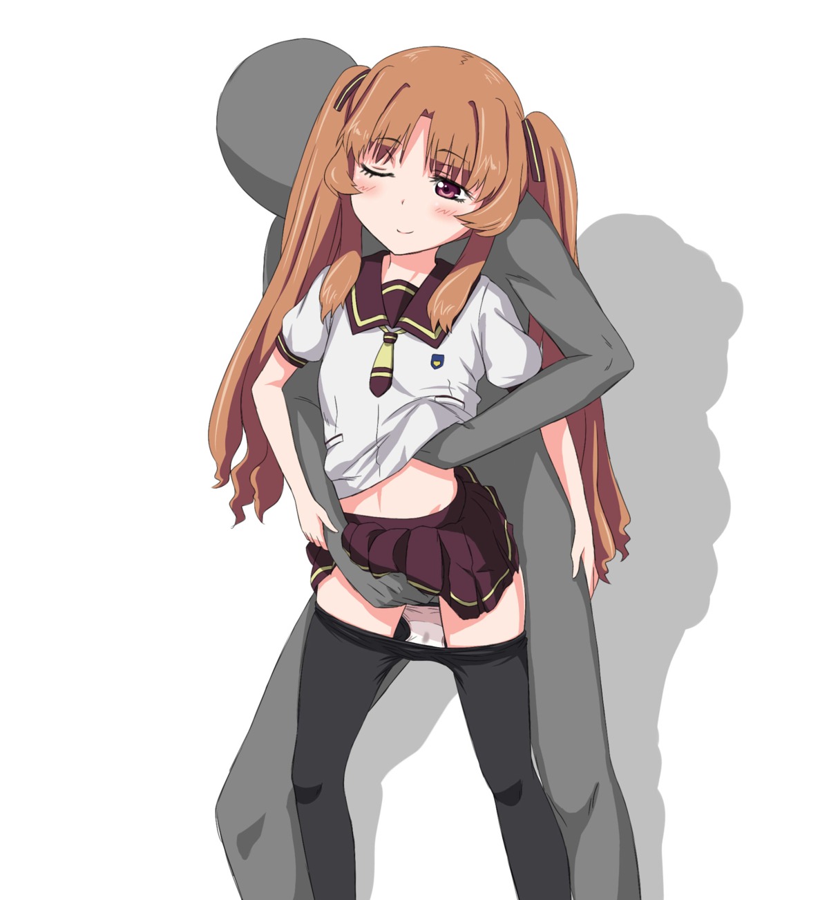 ano_natsu_de_matteru black_legwear blush brown_eyes brown_hair female fingering groping hair_ribbon highres panties panty_pull pantyhose pleated_skirt ribbon rule34 school_uniform skirt tied_hair twintails underwear wink yamano_remon