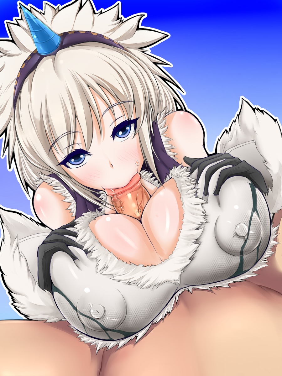 blue_eyes breasts capcom censored clothed_sex fellatio female gucchi_(n3gt6apf) hair highres horn kirin_(armor) male monster_hunter oral paizuri penis pixiv_manga_sample resized rule34 straight white_hair