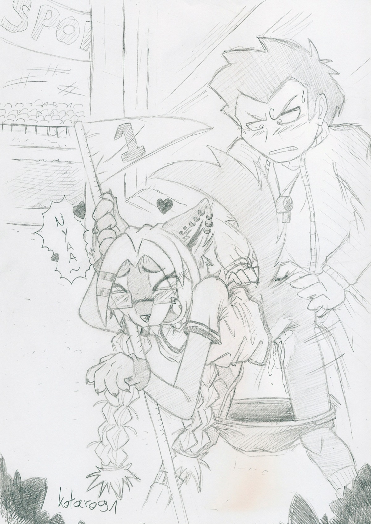 adolescent anthro bent_over bodily_fluids braided_hair breasts canid canine clothed clothing coach cum cum_drip dripping duo e621 eyes_closed eyewear female flag fox from_behind_position genital_fluids glasses graphite_(artwork) gym hair heart_symbol hi_res human human_on_anthro interspecies liontaro loli male male/female mammal monochrome multi_breast panties panties_down partially_clothed pigtails sex sherly_karu sport tail traditional_media_(artwork) twin_braids underwear underwear_down uniform young young_anthro young_female