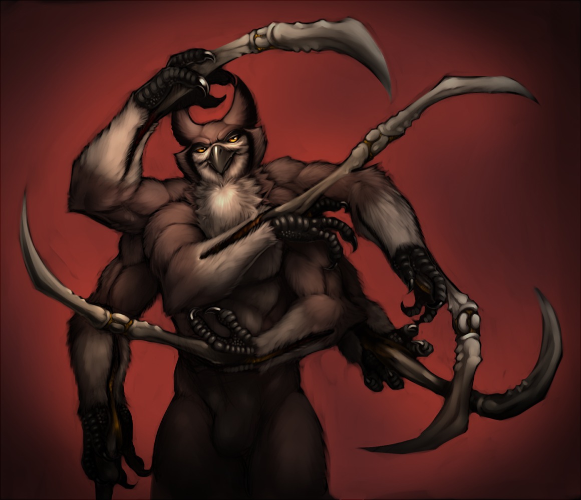 6_arms abs anthro arachnid arthropod avian beak biceps bird chest_tuft claws e621 feathers flaccid fur genitals hybrid male multi_arm multi_limb muscular muscular_anthro muscular_male neodokuro nightphaser nude nude_anthro nude_male owl pecs penis pose solo tuft yellow_eyes