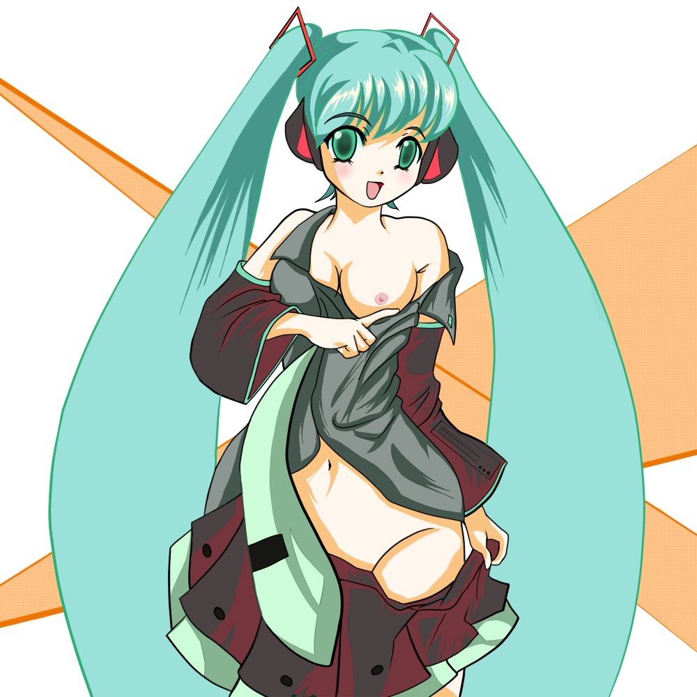 1girl aqua_hair breasts detached_sleeves female green_eyes hatsune_miku long_hair medium_breasts necktie nipples no_panties open_shirt rule34 shirt skirt solo tagme twintails undressing very_long_hair vocaloid
