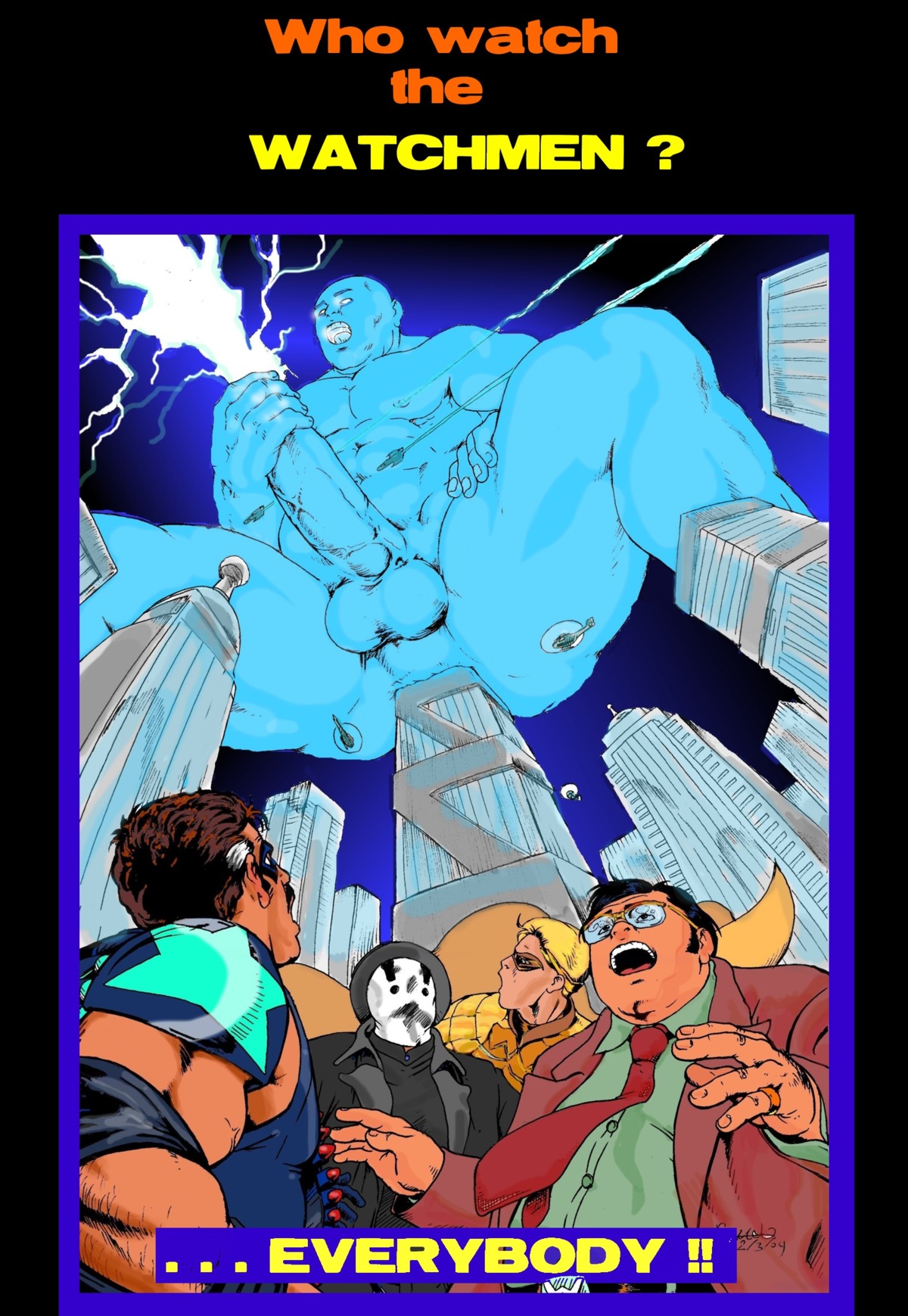 00s 2004 5boys abs anal_insertion anal_penetration balls bara blonde_hair blue_skin brown_hair bruno_b cum cumshot dc dc_comics doctor_manhattan english_text formal_wear gay giant giant_male macro macro_male macrophilia male male_only mask masturbation muscular nipples nite_owl penis rapist rapist_official rorschach rule34 text the_comedian tower veiny_penis watchmen what worm's-eye_view yaoi
