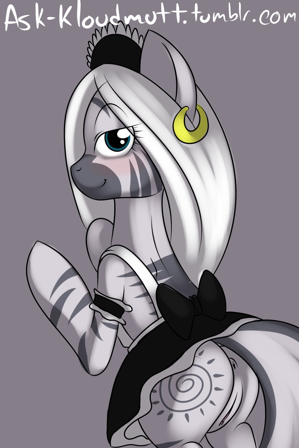 2:3 absurd_res accessory anus blush clothing digital_media_(artwork) dress e621 ear_piercing equid equine female feral friendship_is_magic frilly frilly_accessory frilly_hairband genitals hair hair_accessory hairband hasbro hi_res kloudmutt looking_at_viewer maid_uniform mammal my_little_pony piercing smile solo stripes tail uniform vulva white_hair zebra zecora_(mlp)