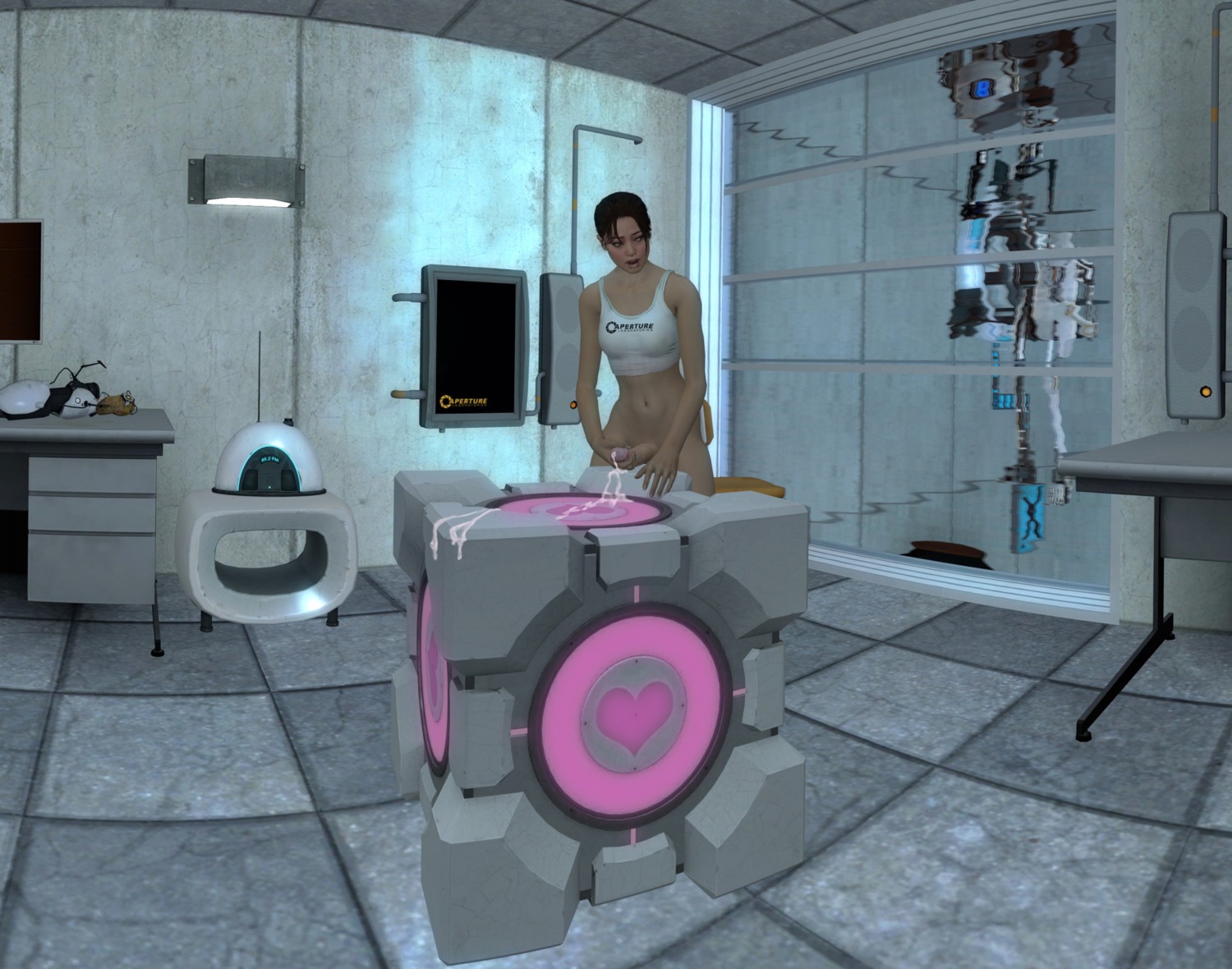 3d after_masturbation artist_request atlas_(portal) bottomless breasts chell cum erect_penis erection female futa_focus futanari garry's_mod glados human intersex masturbation p-body_(portal) pale_skin penis portal_(series) portal_2 portal_gun potatos radio rule34 weapon weighted_companion_cube