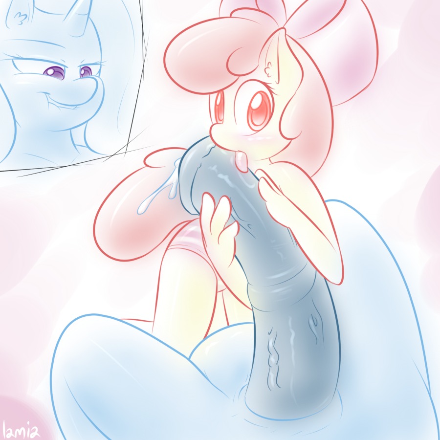 1:1 anthro anthrofied apple_bloom_(mlp) big_penis bodily_fluids digital_media_(artwork) duo e621 earth_pony equid equine erection fellatio female friendship_is_magic genital_fluids genitals gynomorph gynomorph/female hasbro horse intersex intersex/female lamiaaaa licking mammal my_little_pony oral penile penis penis_lick pony precum sex tongue tongue_out trixie_(mlp) young young_anthro