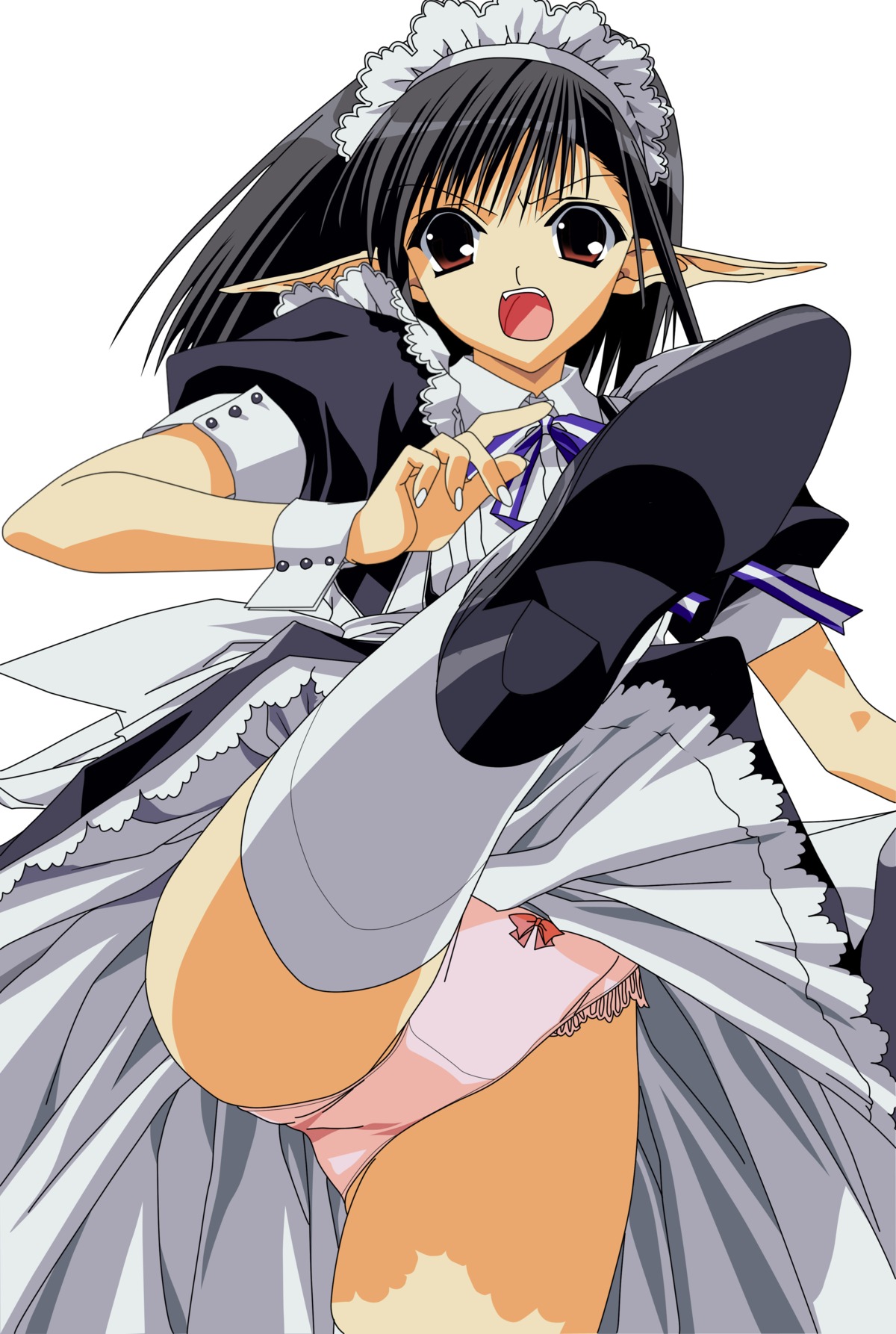 armband black_hair bow bow_panties brown_eyes female high_heels high_resolution kicking lace_panties long_pointy_ears maid maid_headdress panties pantyshot pink_panties pointy_ears really?_really! rule34 sage_(tick!_tack!) shoes shuffle shuffle! solo thighhighs tick!_tack! underwear vector_trace white_legwear white_thighhighs wristband