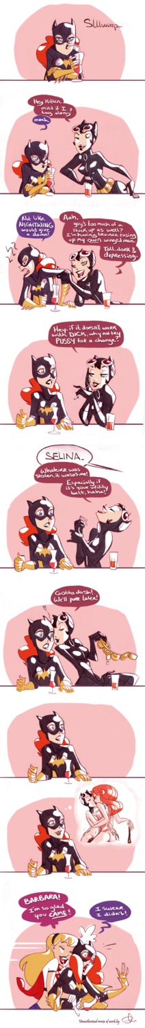 3girls barbara_gordon batgirl batman_(series) blush catwoman daydream dc dc_comics dialogue dialogue_bubble embarrassed embarrassed_female female female_focus female_only funny gay_panic humor imaginary_sex imagining kara_zor-el nana_51 rule34 seductive selina_kyle straight_hair supergirl superman_(series) yuri