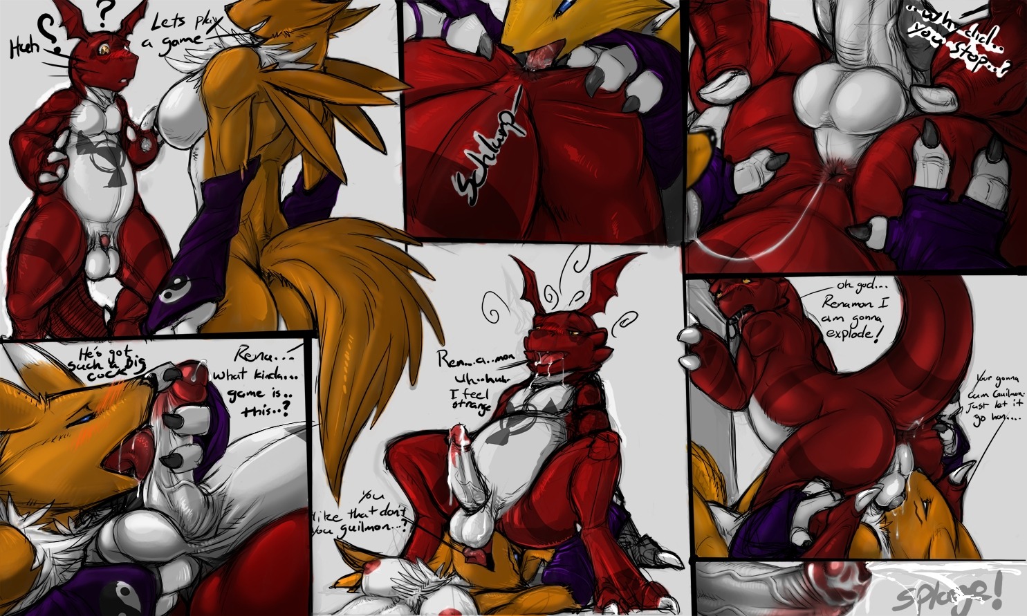 5:3 anal animal_genitalia anthro anus armwear backsack ball_fondling ball_lick ball_nuzzling ball_suck balls bandai_namco becoming_erect black_sclera blue_eyes blush bodily_fluids breasts bridal_gauntlets butt butt_grab canid canine chest_tuft clothing comic cum dialogue digimon digimon_(species) digital_hazard dirty_talk duo e621 english_text erection facesitting facial_markings female female_rimming_male flaccid fondling fur genital_fluids genitals guilmon hand_on_another's_butt hand_on_butt hand_on_penis handjob head_markings holding_penis interspecies licking looking_at_another looking_at_another's_breasts looking_at_breasts looking_at_genitalia looking_at_penis male male/female mammal markings mostly_nude narse nuzzling oral penile penis penis_lick penis_nuzzling penis_tip renamon rimming saliva saliva_string scalie sex sheath sitting sitting_on_another spread_butt spreading sucking symbol tail text tongue tongue_out tuft unsheathing white_body white_fur yellow_body yellow_eyes yellow_fur