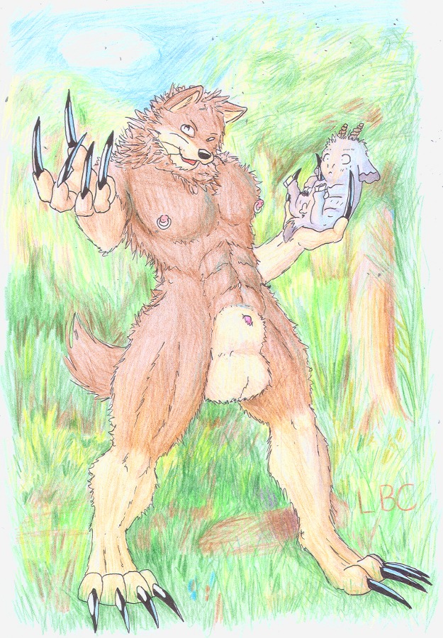 animal_genitalia anthro anus balls big_balls bovid canid canine canis caprine claws colored_pencil_(artwork) duo e621 feral gabu genitals goat larger_male long_claws longblueclaw male mammal mei_(one_stormy_night) nipple_piercing nipples o_o one_stormy_night penis penis_tip piercing sheath size_difference smaller_male tail traditional_media_(artwork) wolf