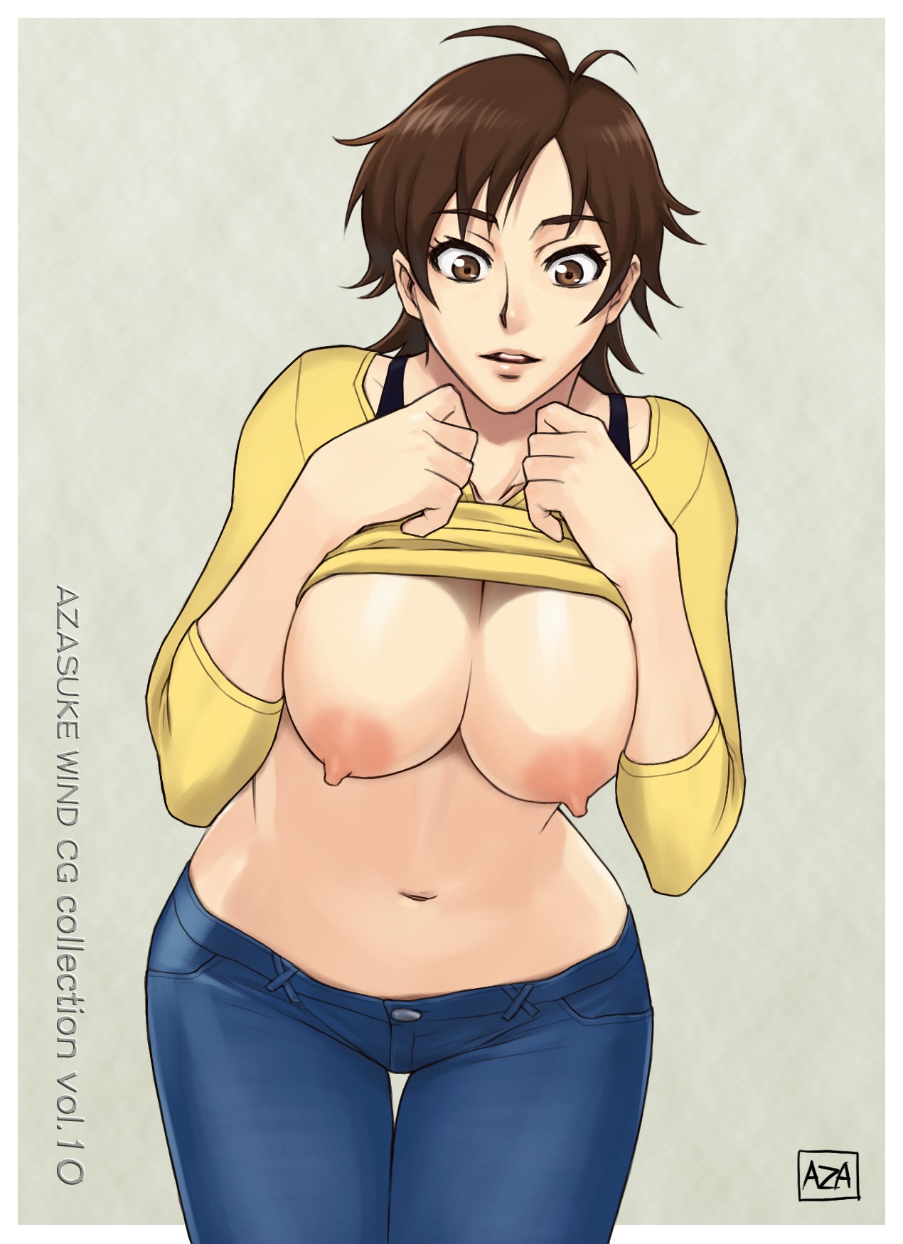 1girls azasuke breasts breasts_out brown_eyes brown_hair female highres huge_breasts jeans leaning_forward masane_amaha navel nipples rule34 shirt shirt_lift solo standing thigh_gap thighs witchblade