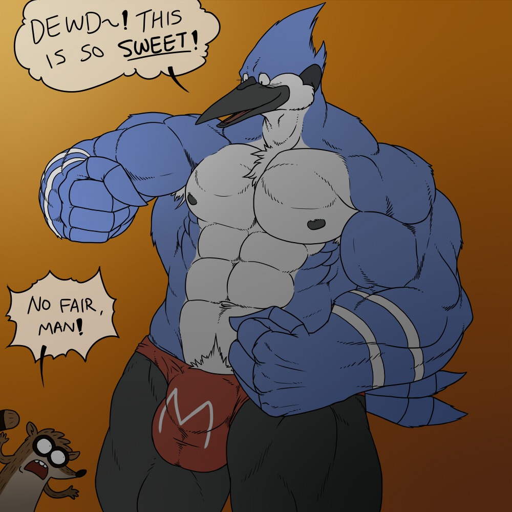 1:1 abs anthro armpit_hair avian beak biceps big_muscles biped bird black_nipples blue_body blue_jay body_hair bottomwear brown_body brown_fur bulge cartoon_network chest_tuft clothed clothing corvid dialogue duo e621 english_text exclamation_point feathers flexing fur grin huge_muscles jay_(bird) kyuuhari male mammal mordecai_(regular_show) muscular muscular_male new_world_jay nipples open_mouth oscine pants passerine pecs pose procyonid raccoon regular_show rigby_(regular_show) smile solo_focus standing tan_body tan_fur teeth text thong tongue topless tuft underwear white_body
