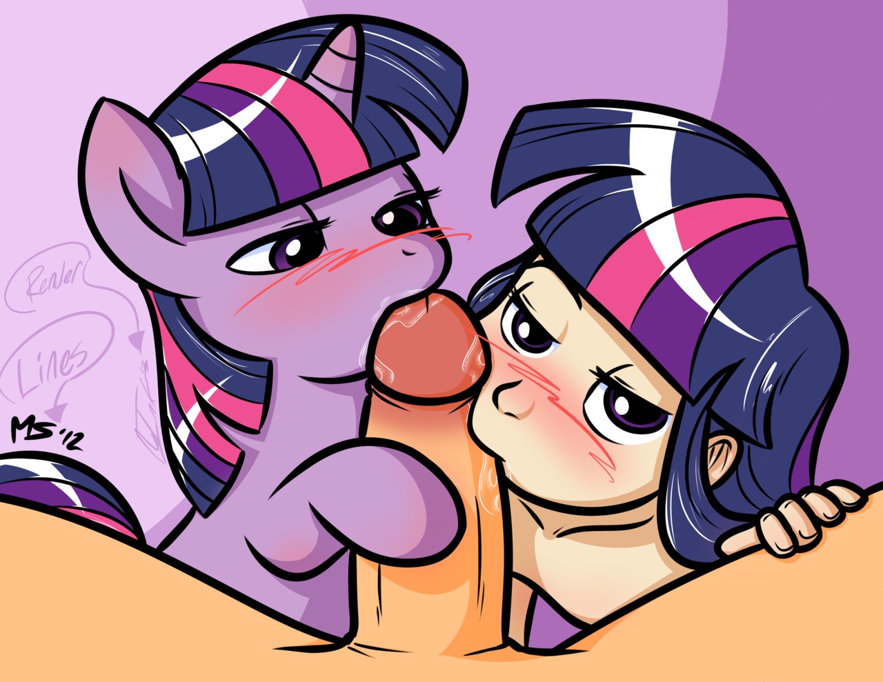 1boy 2012 2girls blush collaborative_fellatio cute double_fellatio equine fellatio female feral friendship_is_magic horse human humanized male megasweet multiple_fellatio multiple_females multiple_girls my_little_pony no-ink oral penis pony rule34 straight_hair twilight_sparkle_(mlp) uncensored unicorn zoophilia