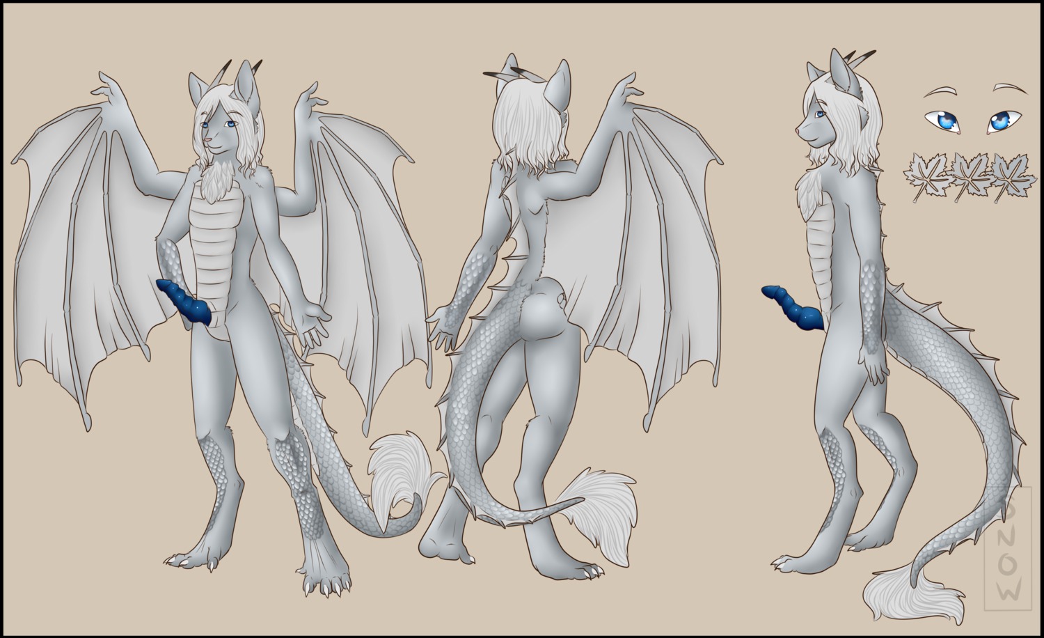 absurd_res anthro black_border blue_eyes blue_penis border butt domestic_cat dragon e621 erection felid feline felis fur furred_dragon furred_scalie genitals hair hi_res horn hybrid male mammal membrane_(anatomy) membranous_wings model_sheet mythological_creature mythological_scalie mythology nude penis scales scalie side_view silvdragon snowmoonstone solo tail turnaround white_body white_hair white_scales wings