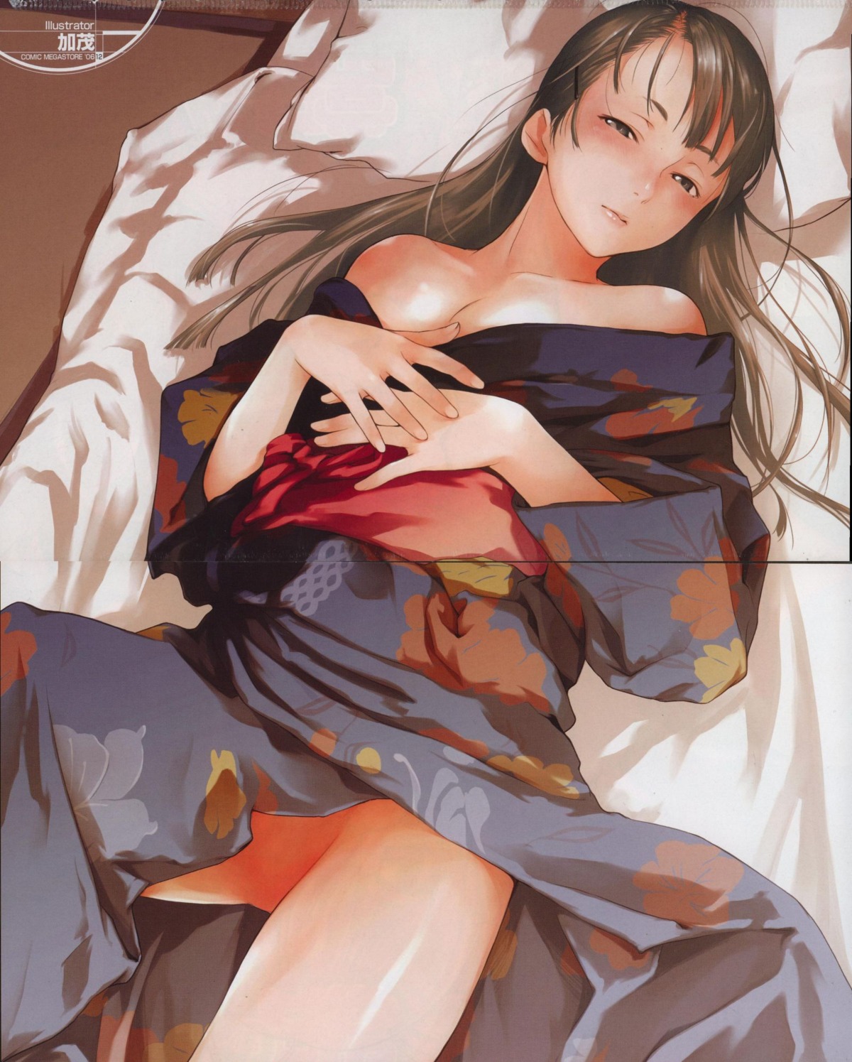 bare_shoulders blush brown_eyes brown_hair female highres japanese_clothes kamo kimono long_hair lying no_panties original rule34 scan