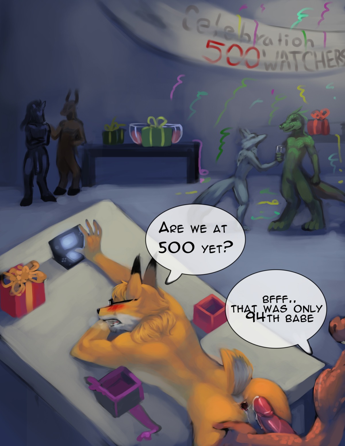 absurd_res after_sex alcohol anal anthro anus bent_over beverage blush bodily_fluids brown_body canid canine canis celebration cum deer dialogue e621 electronics english_text equid equine erection eyewear felid feline food fox from_behind_position fur furniture game_console gaping gaping_anus genital_fluids genitals get gift glasses green_body group half-erect hi_res horn horse humanoid_genitalia humanoid_penis interspecies johedveigd kitt-n-valentine lizard lynx male male/male male_penetrated male_penetrating male_penetrating_male mammal nintendo nintendo_ds nintendo_ds_family nude on_table orange_body orange_fur party penetration penis precum red_body reptile scalie sex short_tail speech_bubble standing table tail text white_body wolf