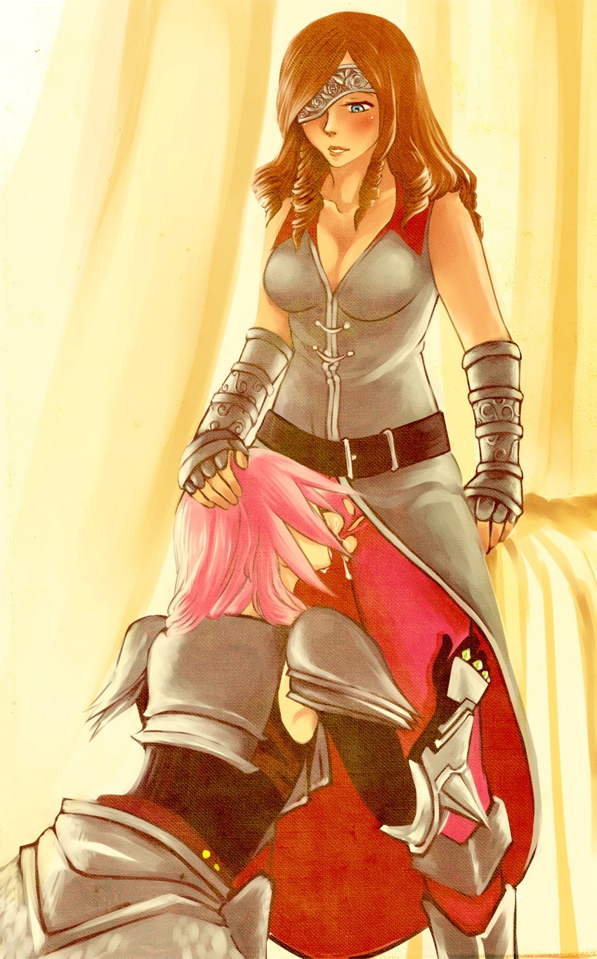 2girls armor beatrix_(final_fantasy) belt blush cunnilingus curly_hair eclair_farron female final_fantasy final_fantasy_ix final_fantasy_xiii hair multiple_females multiple_girls oral pantyhose pink_hair rule34 yuri