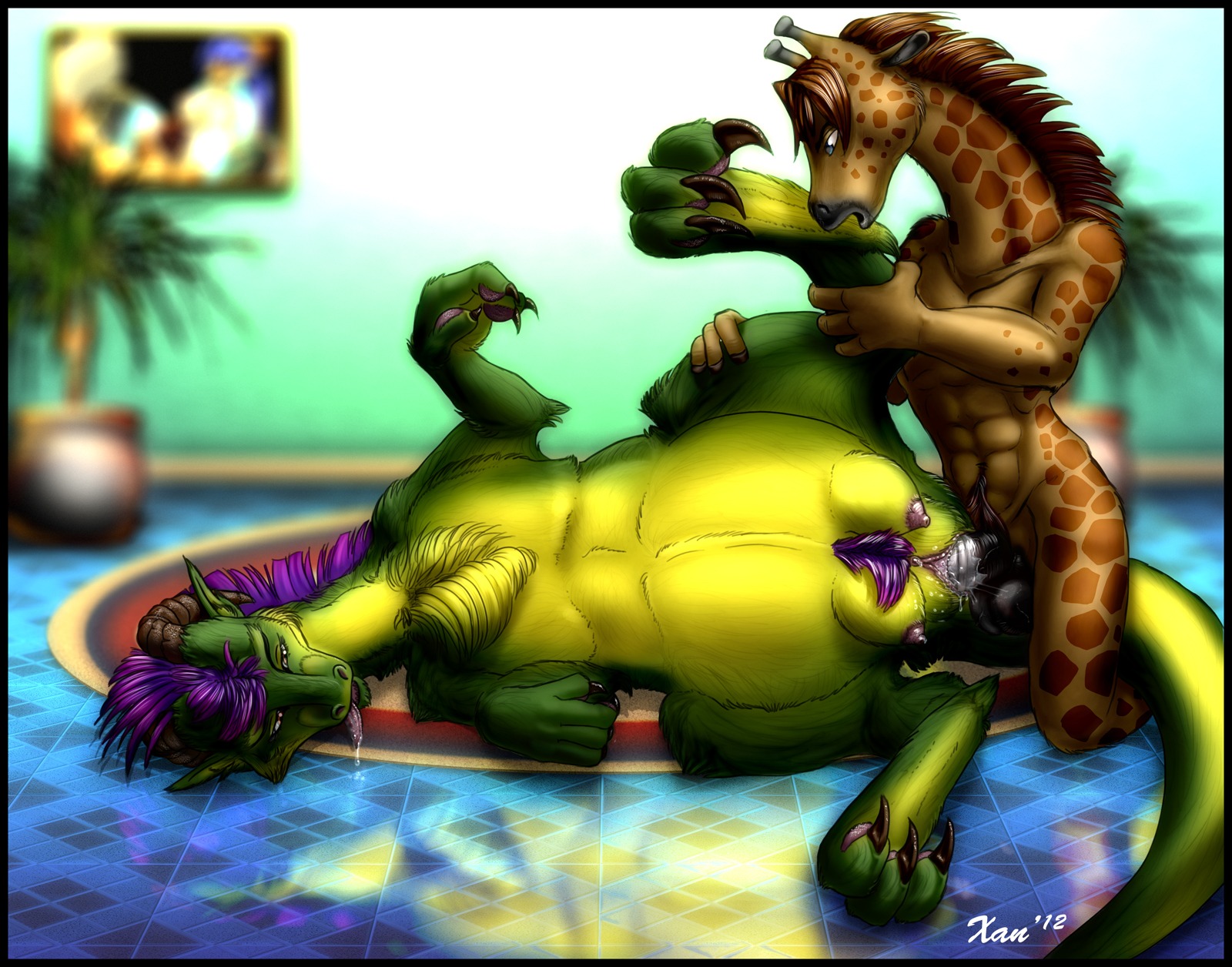 2012 anthro anthro_on_feral anthro_penetrating anthro_penetrating_feral balls bestiality black_border bodily_fluids border claws deep_penetration dragon drooling duo e621 erection female female_penetrated feral feral_penetrated fluffy genitals giraffe giraffid hi_res horn interspecies leg_grab lying male male/female male_on_feral male_penetrating male_penetrating_female mammal mane mythological_creature mythological_scalie mythology nude on_side ossicone penetration penile penile_penetration penis penis_in_vagina pubes raised_leg saliva scalie sex tail teats tongue tongue_out vaginal vaginal_penetration vulva xanaeth