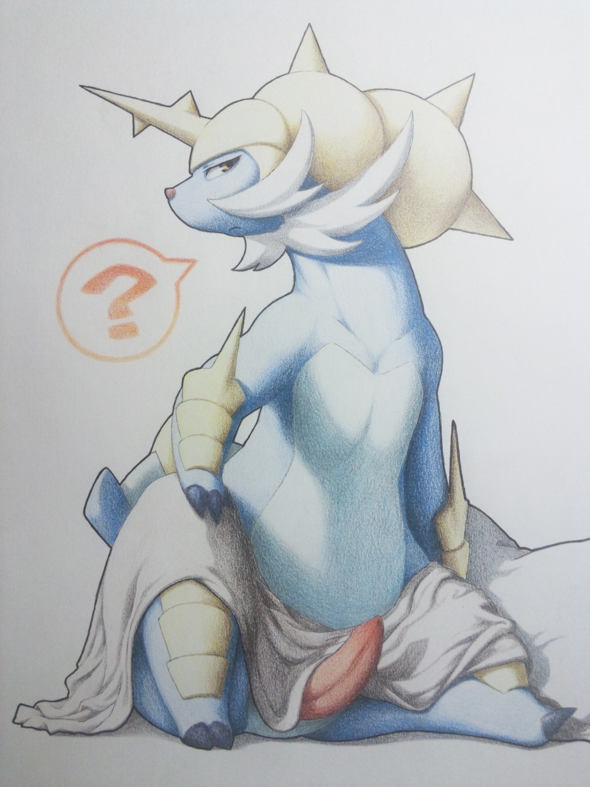 3:4 absurd_res e621 erection feral furemani generation_5_pokemon genitals hi_res male nintendo penis pokemon pokemon_(species) presenting question_mark samurott simple_background sitting solo towel traditional_media_(artwork)
