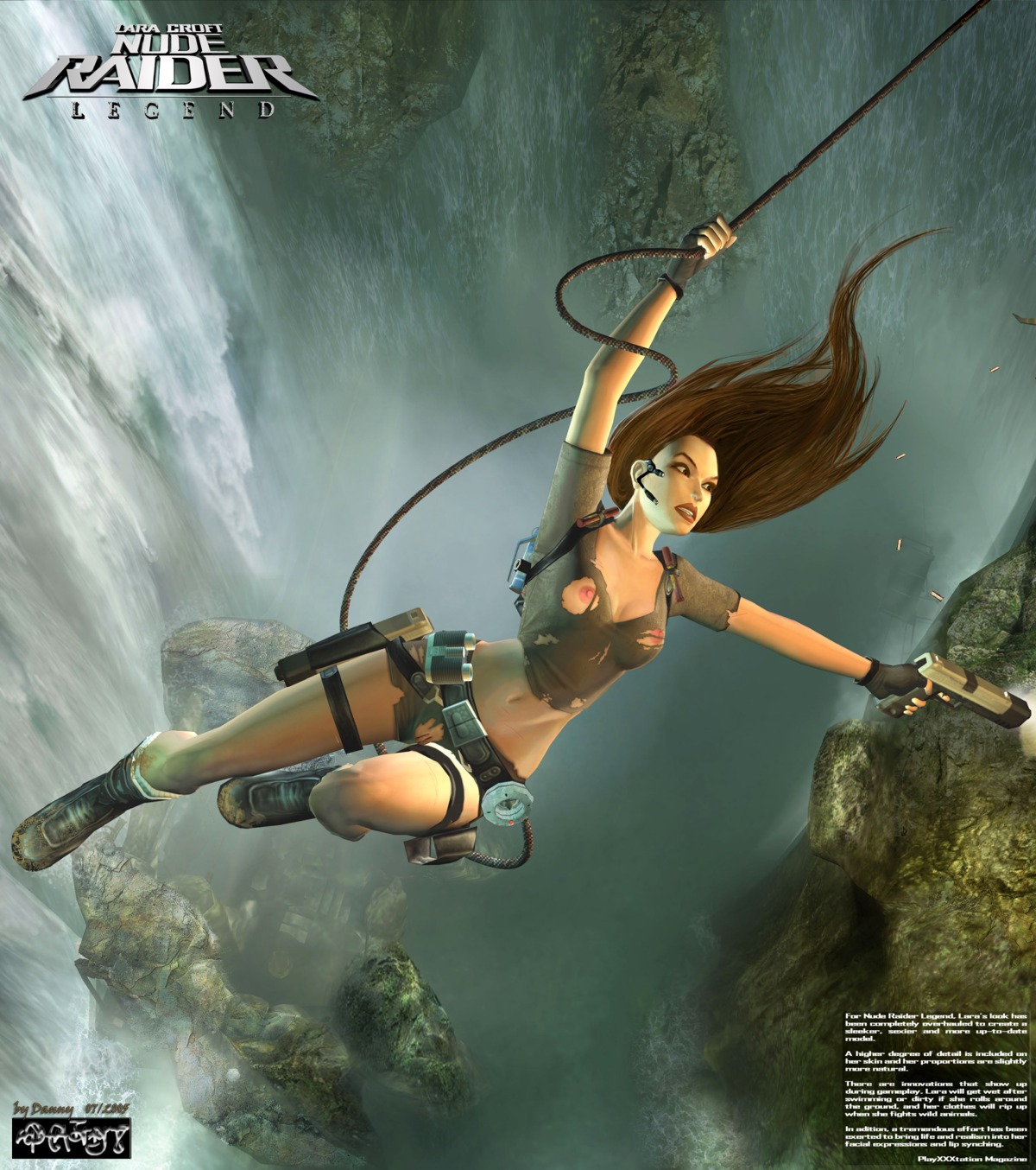 1girls 2005 3d backpack bag belt character_name copyright_name danny_(artist) female female_only firearm footwear handgun handwear human lara_croft lara_croft_(l.a.u.) legwear pale_skin rule34 signature solo tagme text tomb_raider tomb_raider_(l.a.u.) weapon